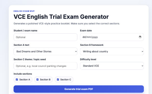 Exam generator interface