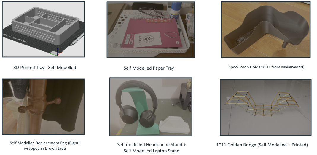 A selection of 3D printed objects from first year