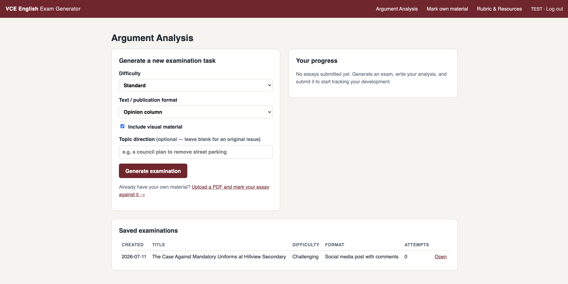 Exam generator interface